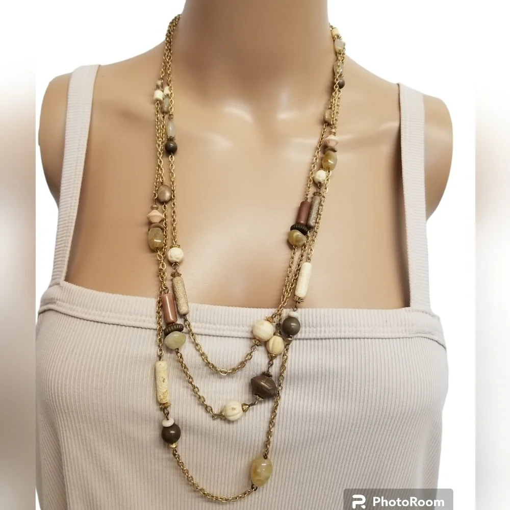VINTAGE LAYERED GOLDTONED & NEUTRAL MIXED BEAD BOHO NECKLACE